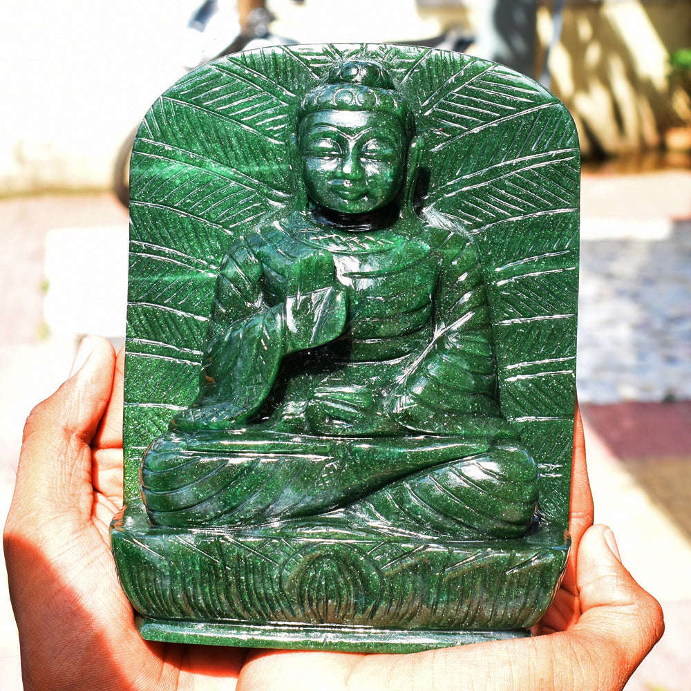 gemsmore:Amazing Artisian Carved Green Jade Lord Buddha Idol