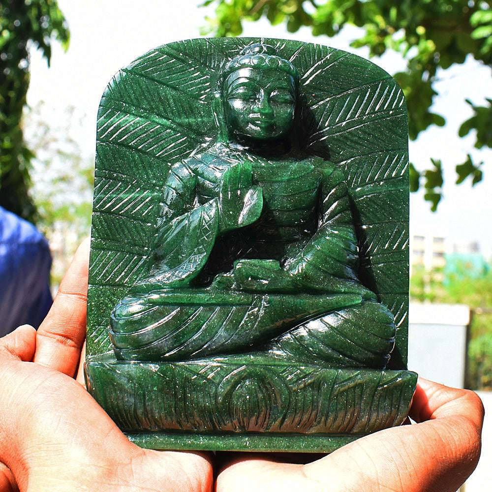gemsmore:Amazing Artisian Carved Green Jade Lord Buddha Idol