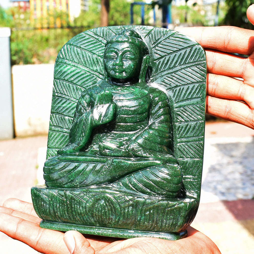 gemsmore:Amazing Artisian Carved Green Jade Lord Buddha Idol