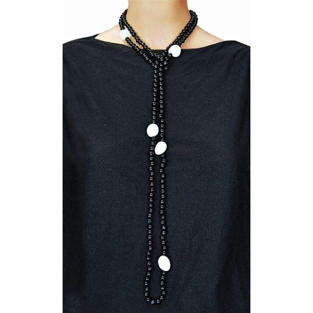 gemsmore:Amazing Black Spinel & White Agate Beads Necklace - Natural Round Shape