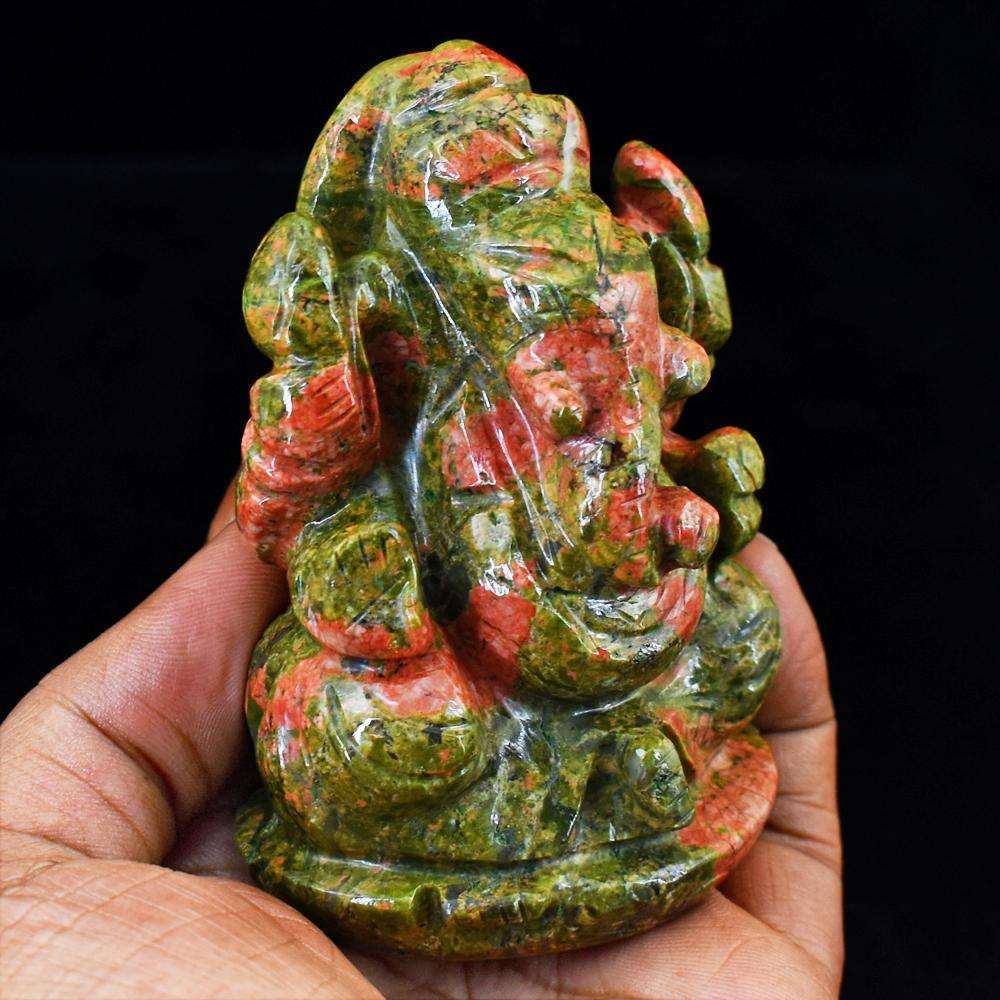 gemsmore:Amazing  Blood Green Unakite Hand Carved Lord Ganesha