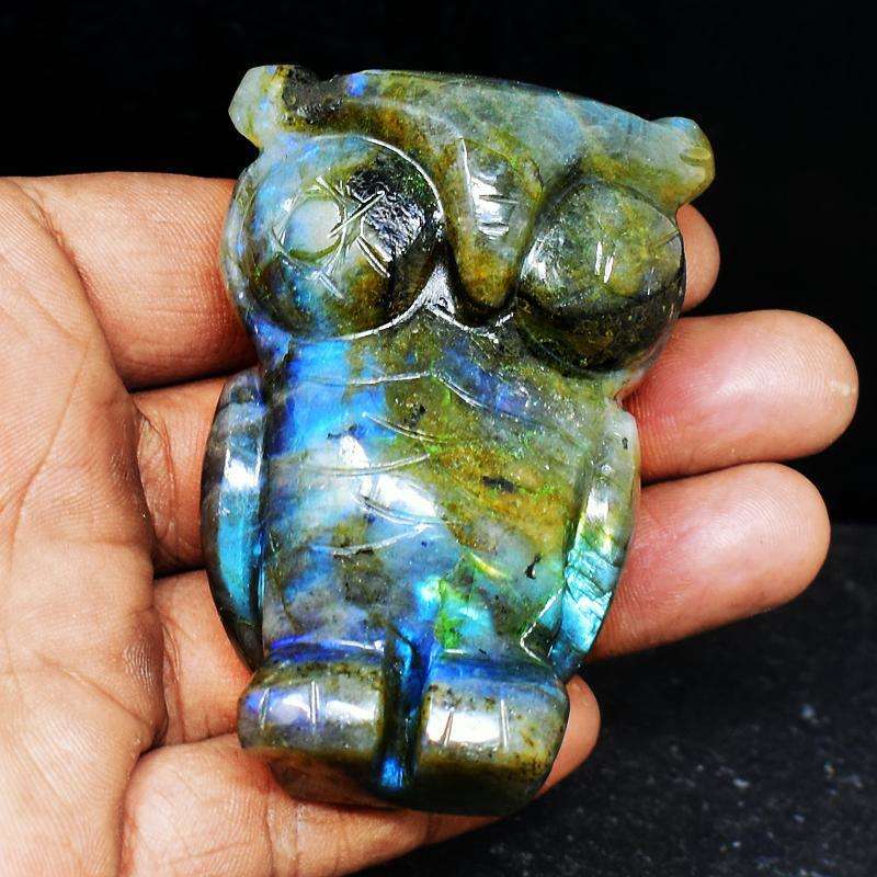 gemsmore:Amazing Blue Flash Labardorite Carved Owl