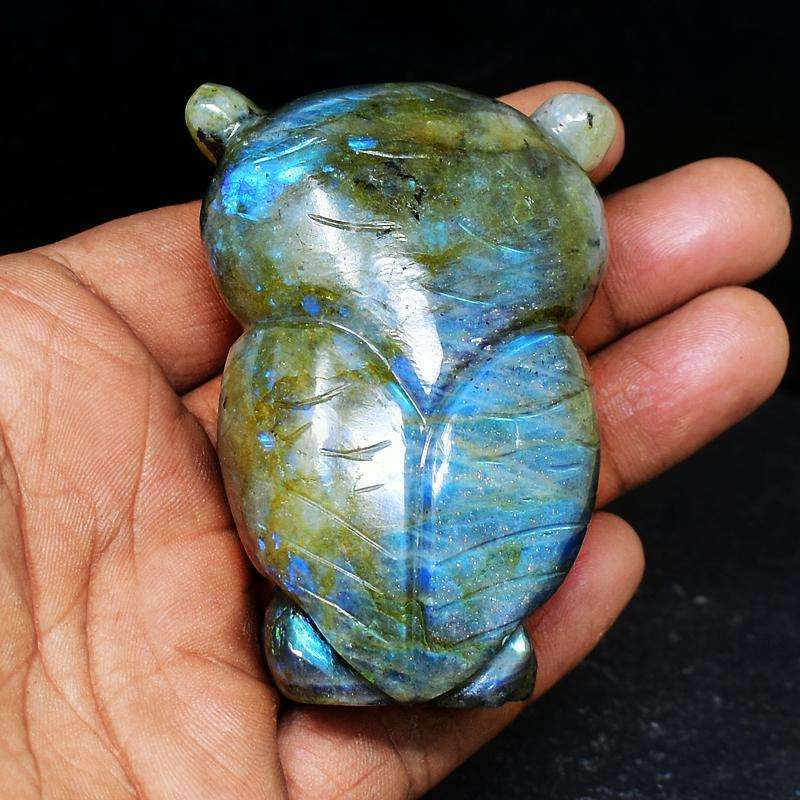 gemsmore:Amazing Blue Flash Labardorite Carved Owl