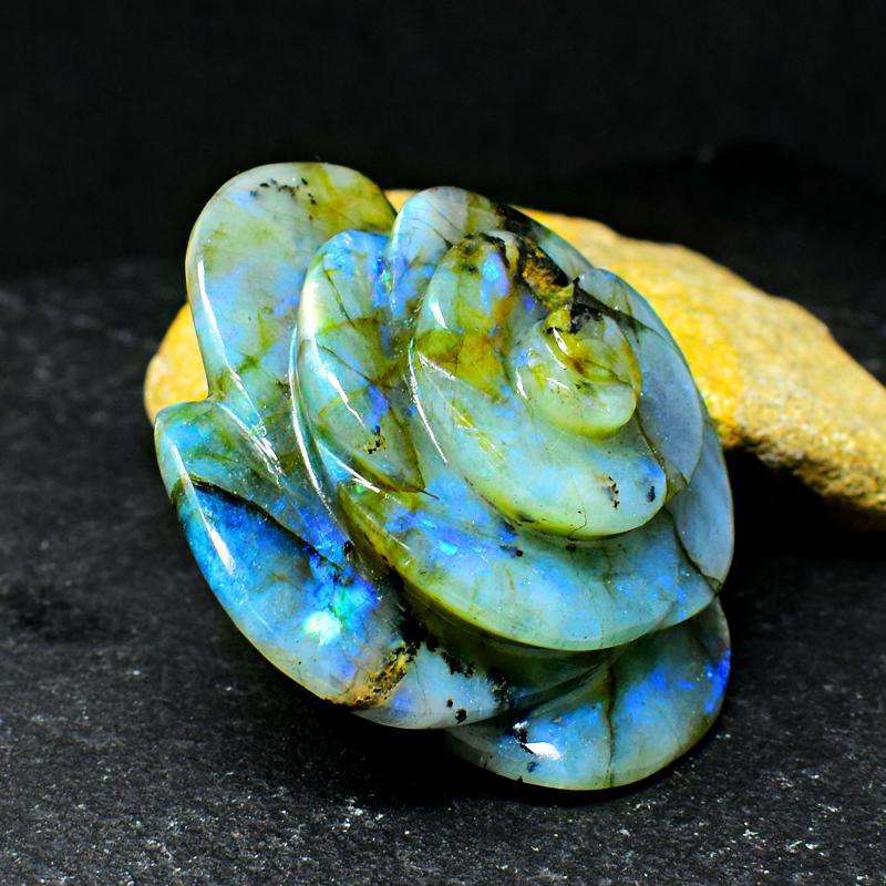 gemsmore:Amazing Blue Flash Labradorite Carved Rose
