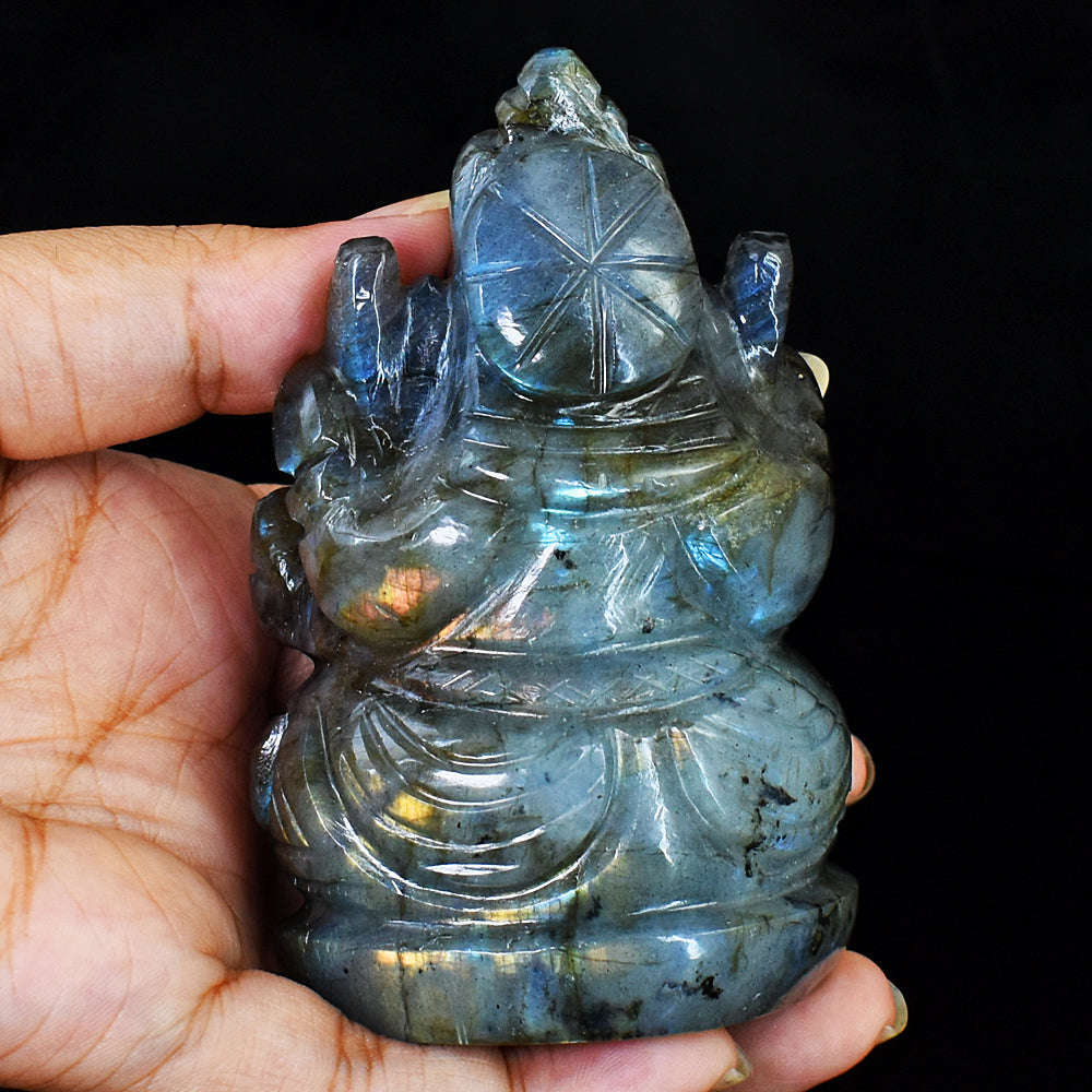 gemsmore:Amazing  Blue Flash Labradorite Hand Carved Lord Ganesha