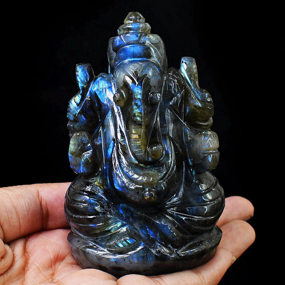 gemsmore:Amazing  Blue Flash Labradorite Hand Carved Lord Ganesha