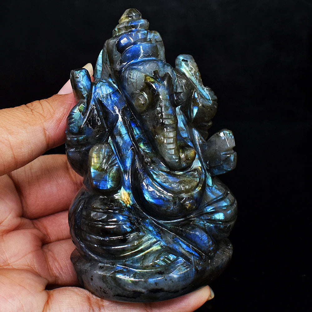 gemsmore:Amazing  Blue Flash Labradorite Hand Carved Lord Ganesha