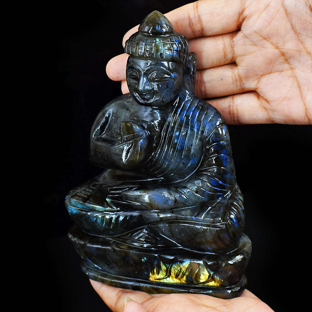 gemsmore:Amazing Blue & Golden Flash Labradorite Hand Carved Lord Buddha