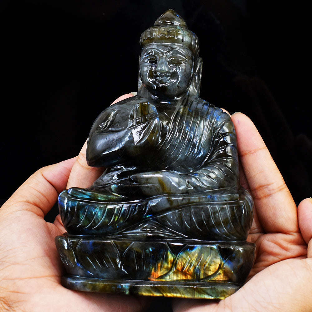 gemsmore:Amazing Blue & Golden Flash Labradorite Hand Carved Lord Buddha