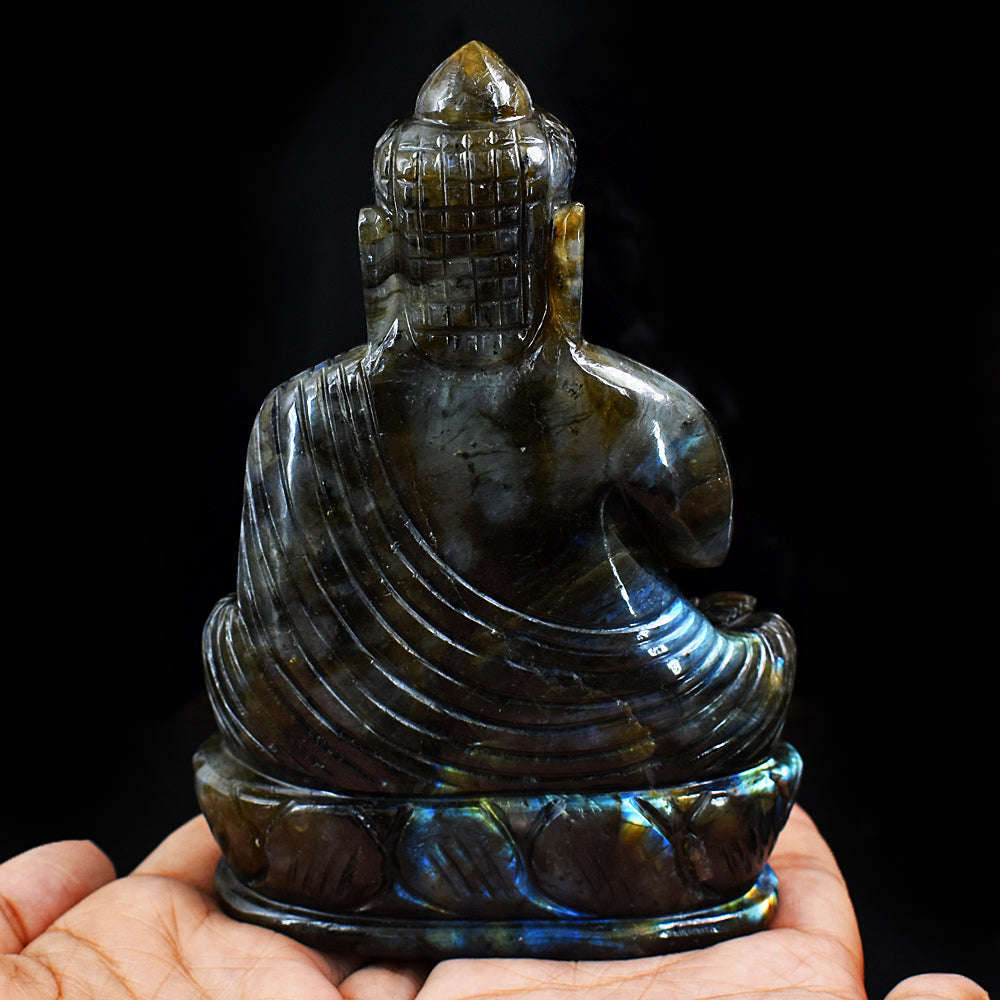 gemsmore:Amazing Blue & Golden Flash Labradorite Hand Carved Lord Buddha