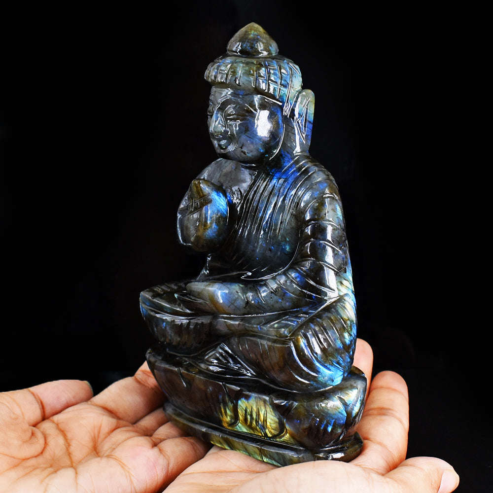 gemsmore:Amazing Blue & Golden Flash Labradorite Hand Carved Lord Buddha