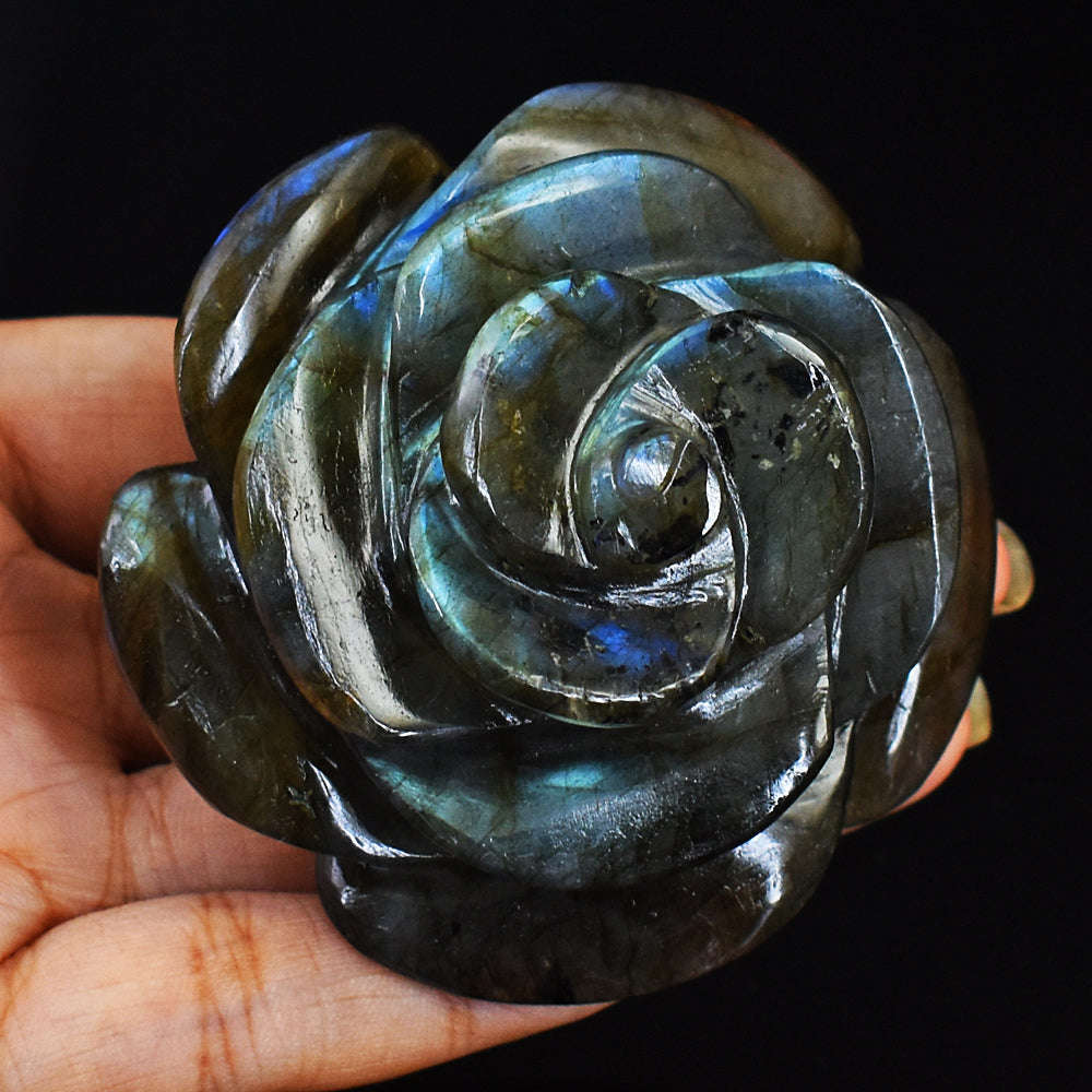 gemsmore:Amazing Blue & Green Flash Labradorite Carved Rose