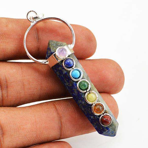 gemsmore:Amazing Blue Lapis Lazuli Seven Chakra Healing Point Pendant