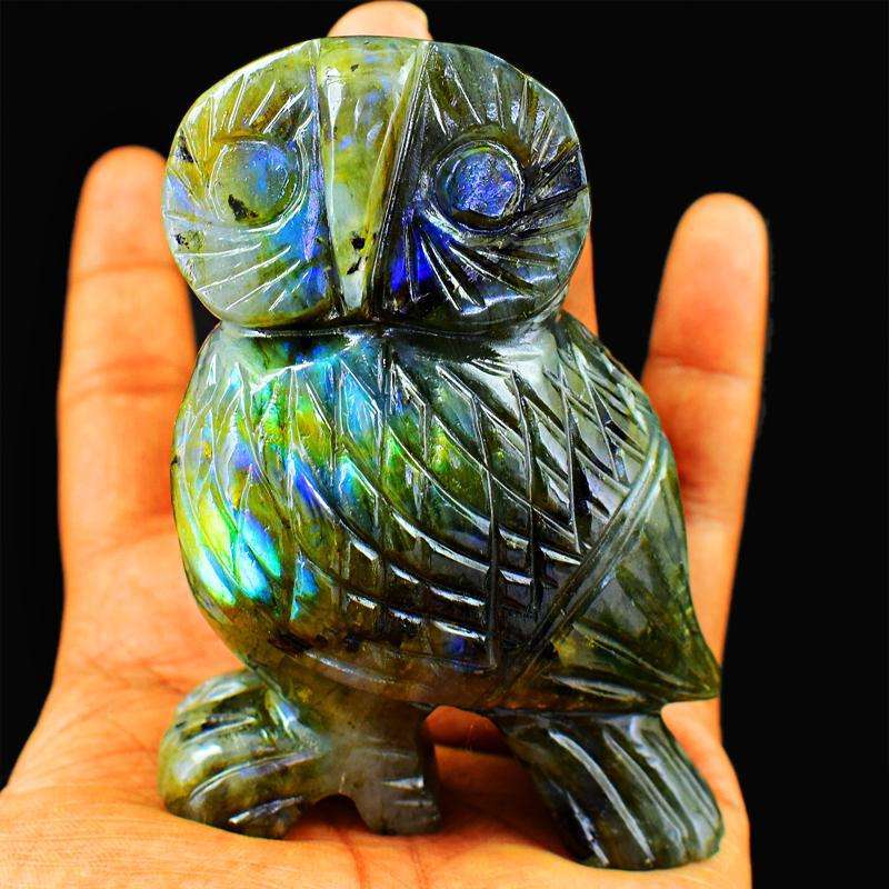 gemsmore:Amazing Flash Labardorite Artisian Hand Carved Owl