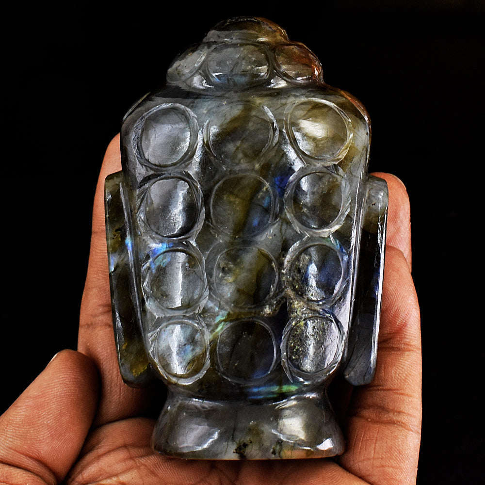 gemsmore:Amazing Flash Labradorite Carved Lord Buddha Head Idol