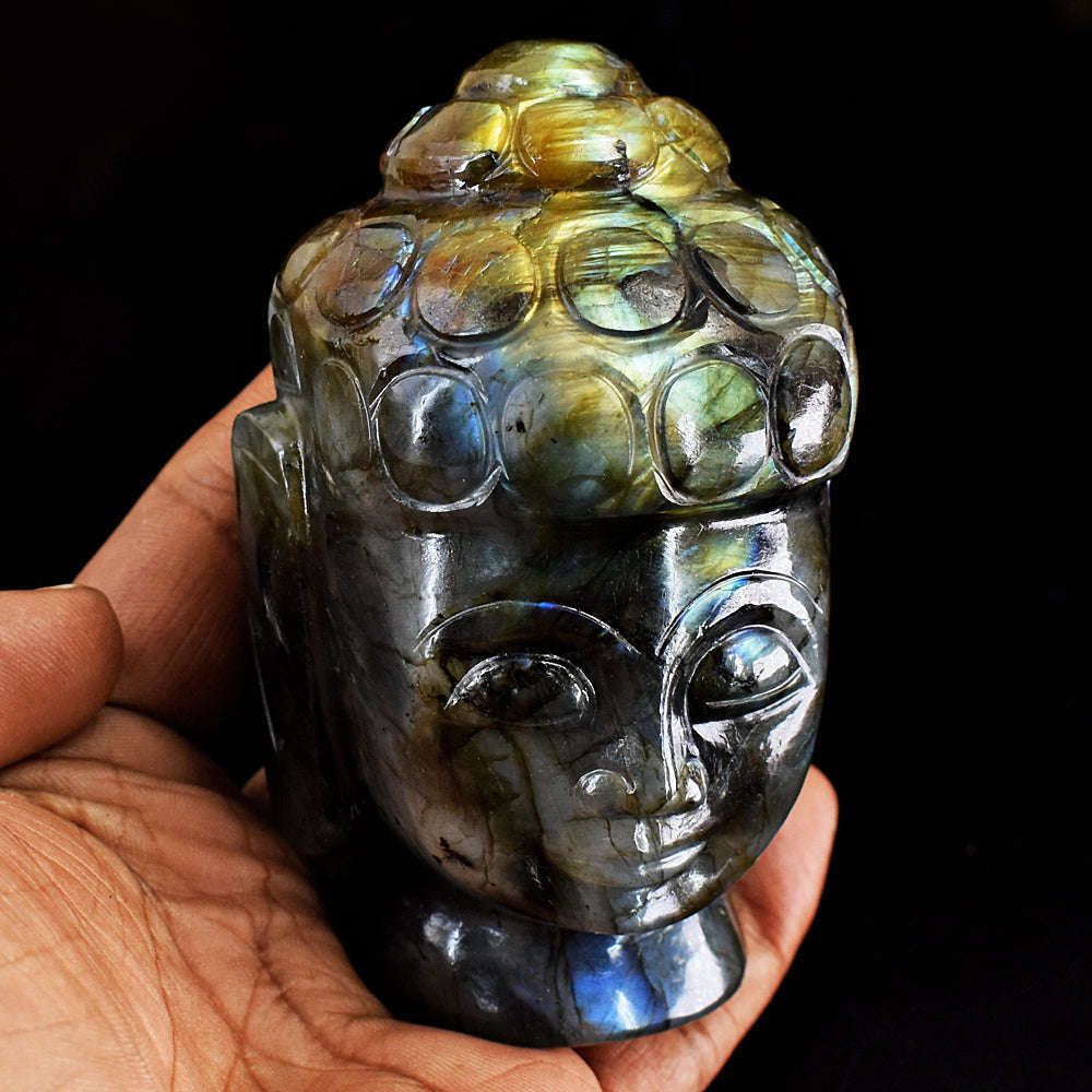 gemsmore:Amazing Flash Labradorite Carved Lord Buddha Head Idol