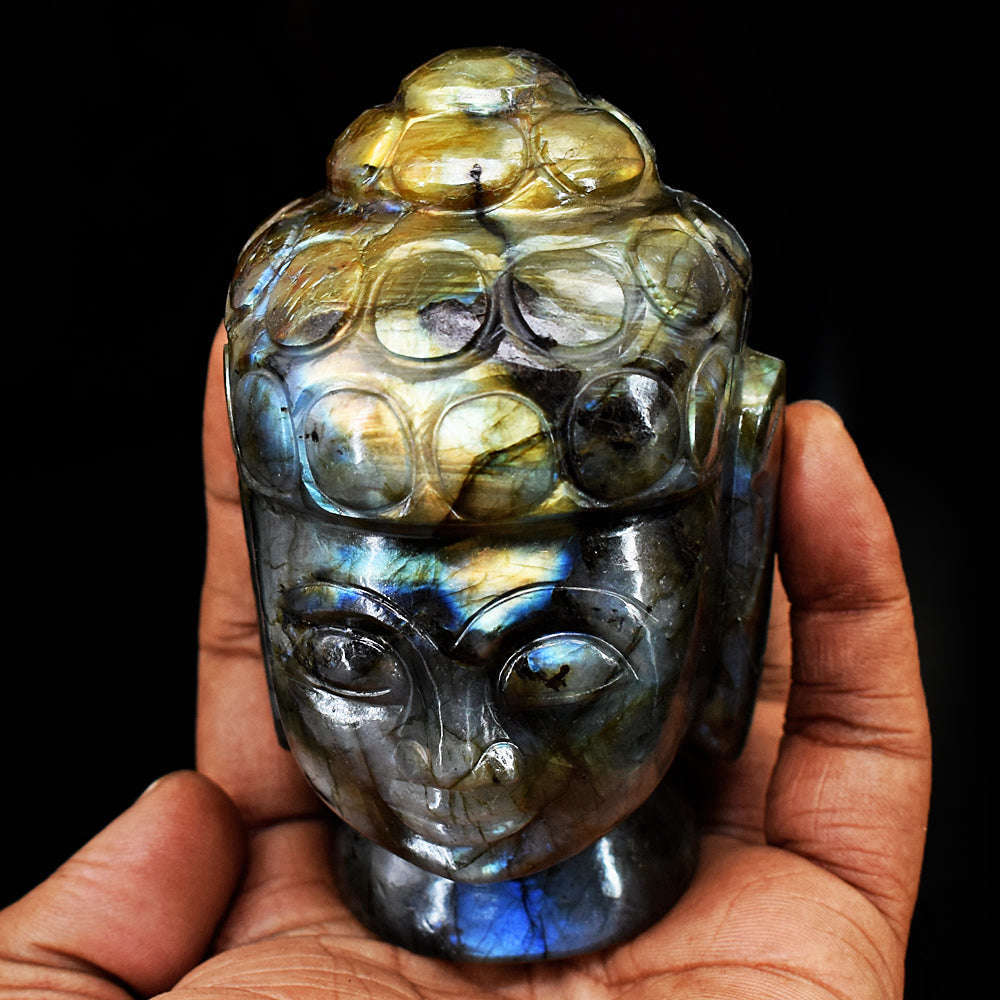 gemsmore:Amazing Flash Labradorite Carved Lord Buddha Head Idol