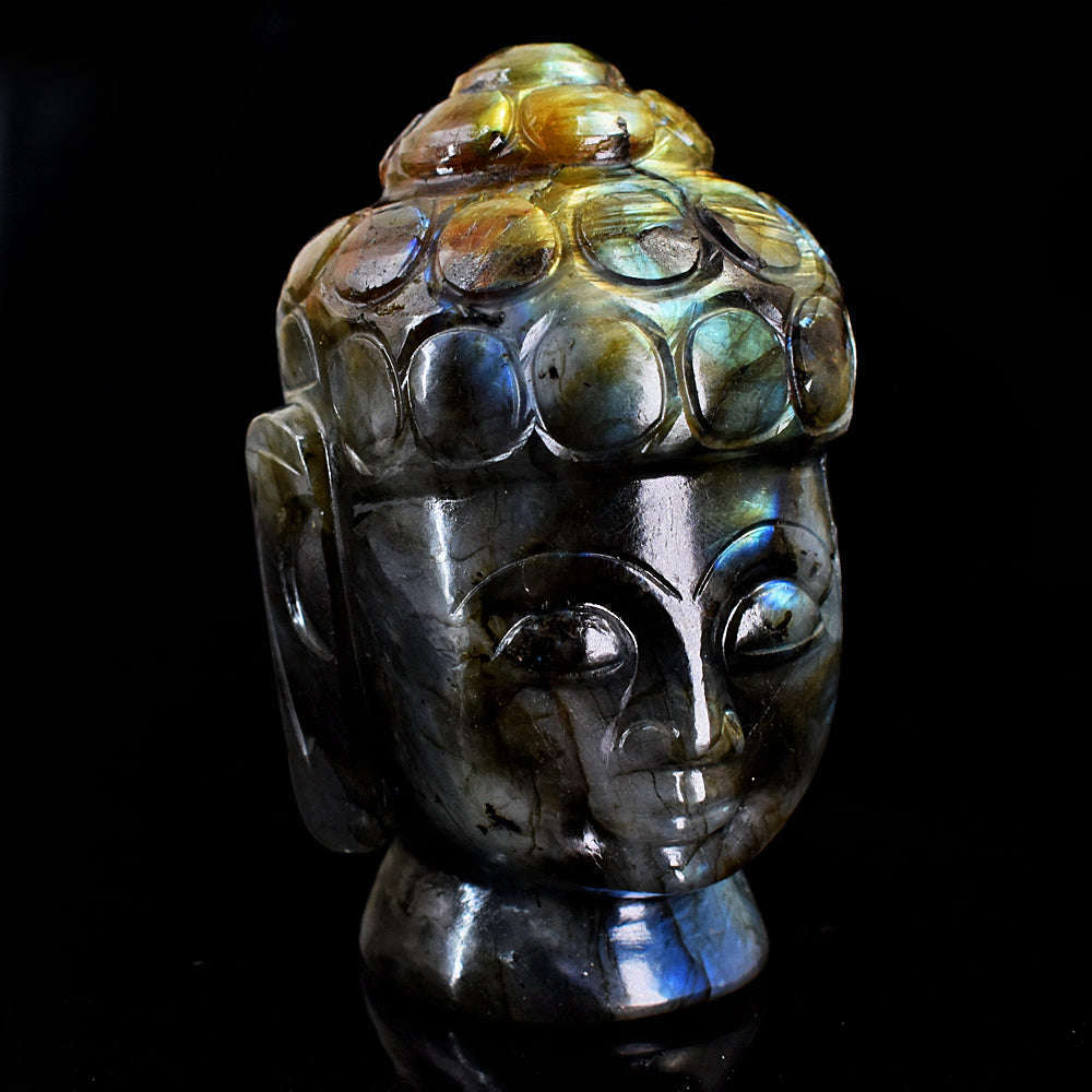 gemsmore:Amazing Flash Labradorite Carved Lord Buddha Head Idol