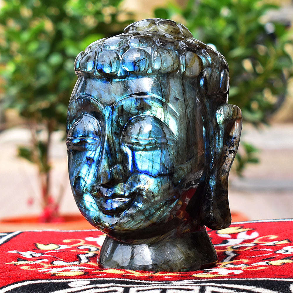 gemsmore:Amazing Flash Labradorite Carved Lord Buddha Head Idol