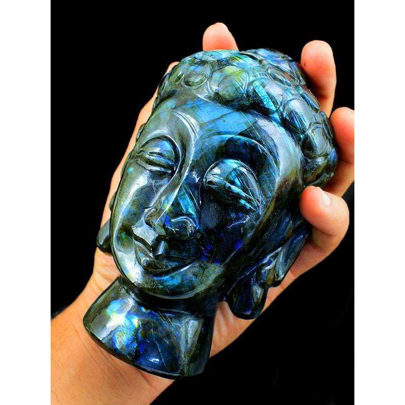gemsmore:Amazing Flash Labradorite Carved Lord Buddha Head Idol