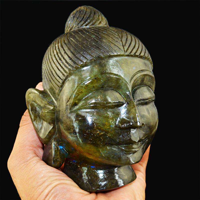 gemsmore:Amazing Flash Labradorite Carved Lord Buddha Head Idol