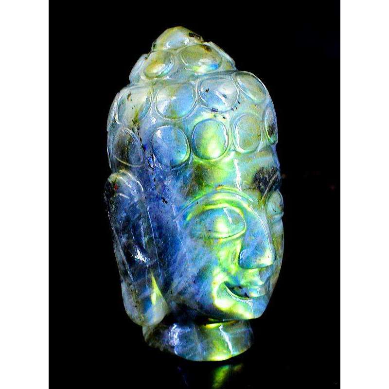 gemsmore:Amazing Flash Labradorite Carved Lord Buddha Head Idol