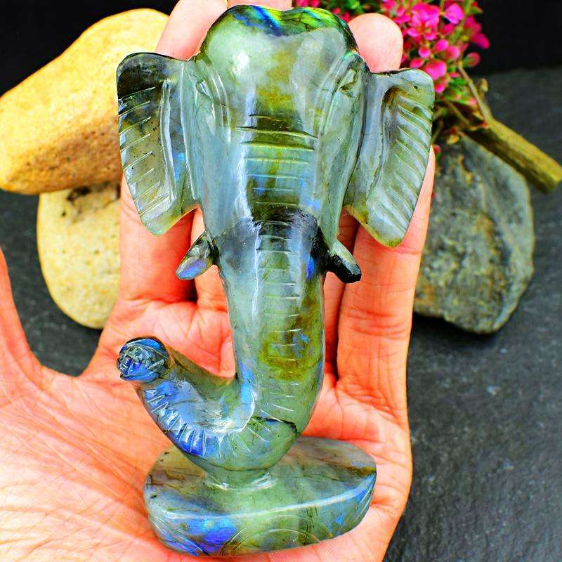 gemsmore:Amazing Flash Labradorite Carved Lord Infinity Ganesha Head