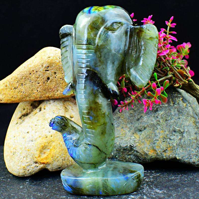 gemsmore:Amazing Flash Labradorite Carved Lord Infinity Ganesha Head