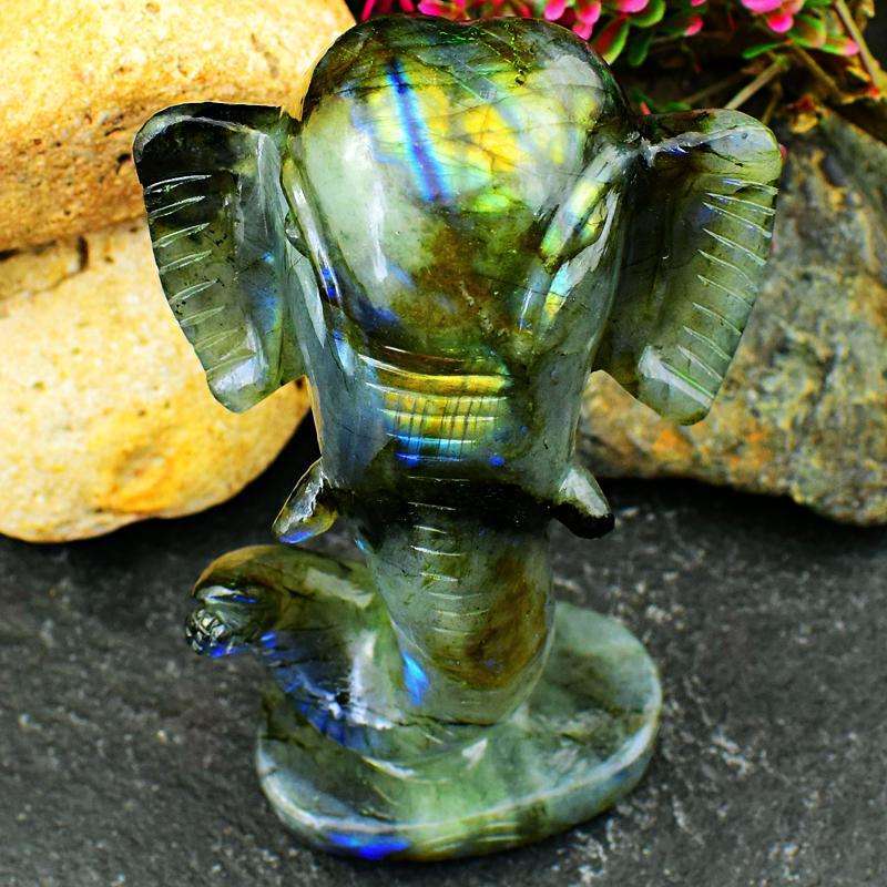 gemsmore:Amazing Flash Labradorite Carved Lord Infinity Ganesha Head