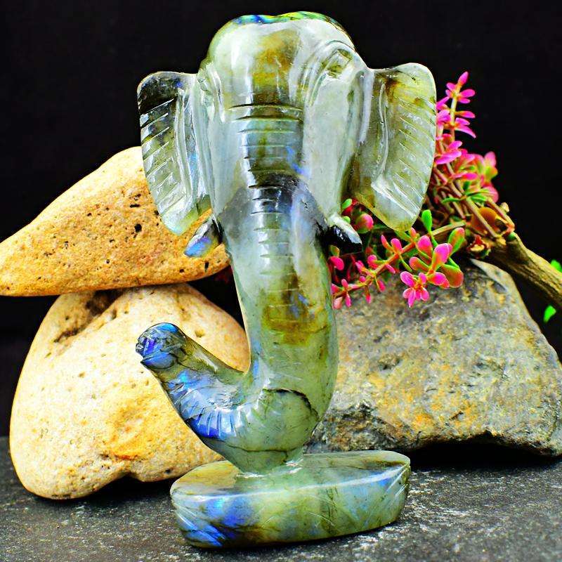 gemsmore:Amazing Flash Labradorite Carved Lord Infinity Ganesha Head
