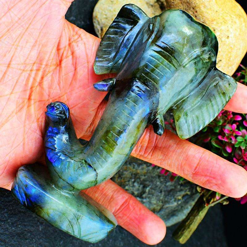 gemsmore:Amazing Flash Labradorite Carved Lord Infinity Ganesha Head