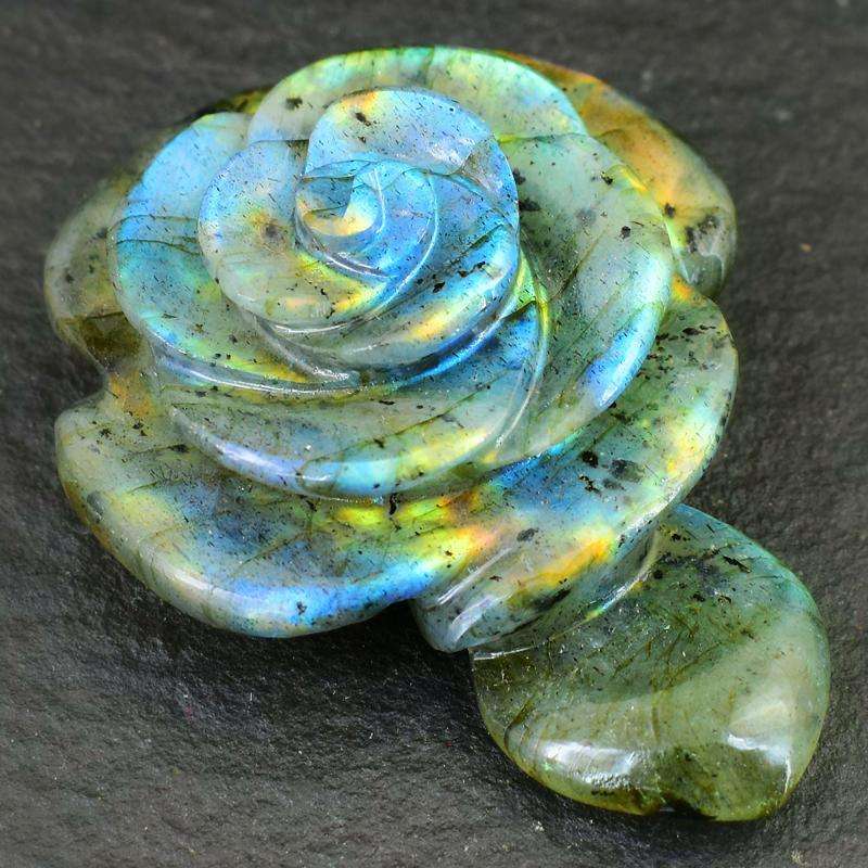 gemsmore:Amazing Flash Labradorite Carved Rose With Leaf