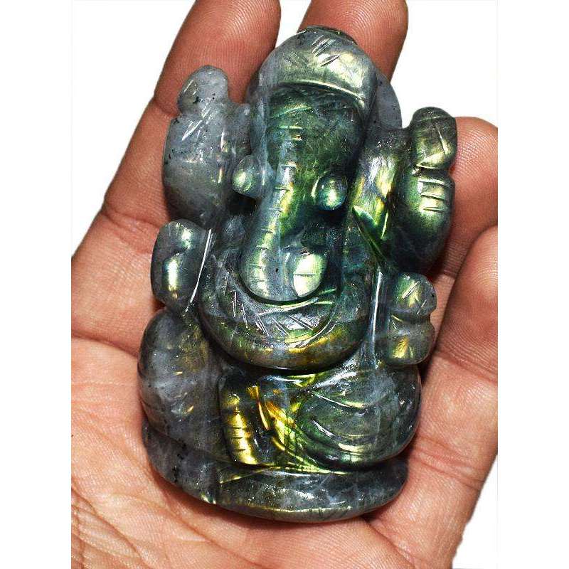 gemsmore:Amazing Flash Labradorite Gemstone Carved Lord Ganesha Idol