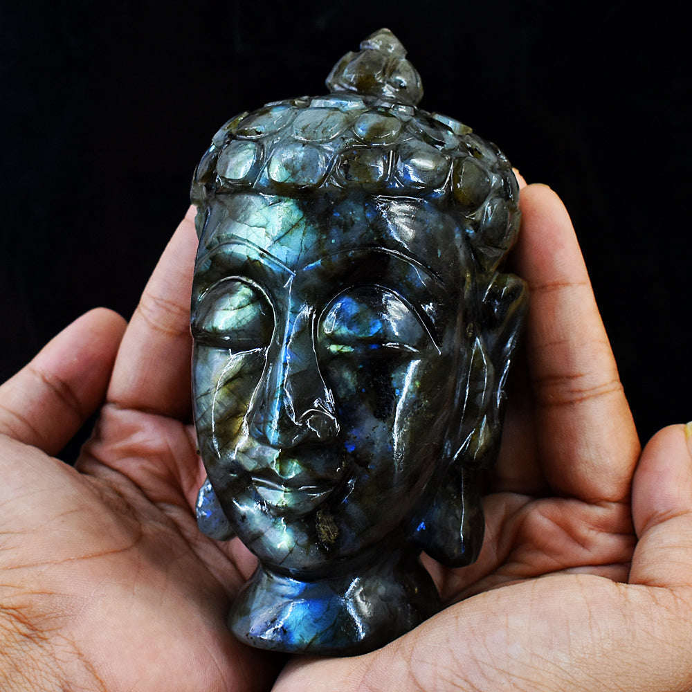 gemsmore:Amazing Flash Labradorite Hand Carved Buddha Head