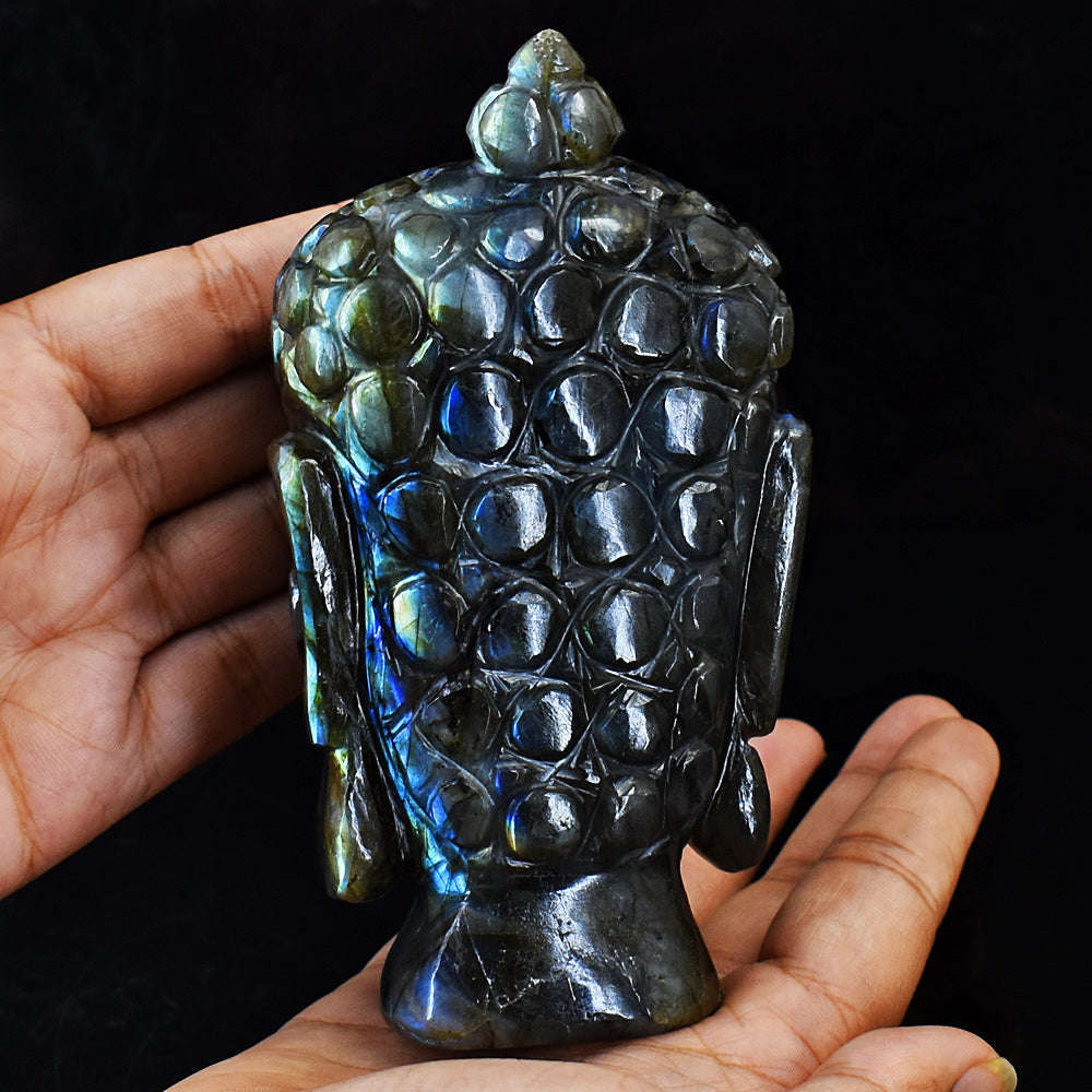 gemsmore:Amazing Flash Labradorite Hand Carved Buddha Head