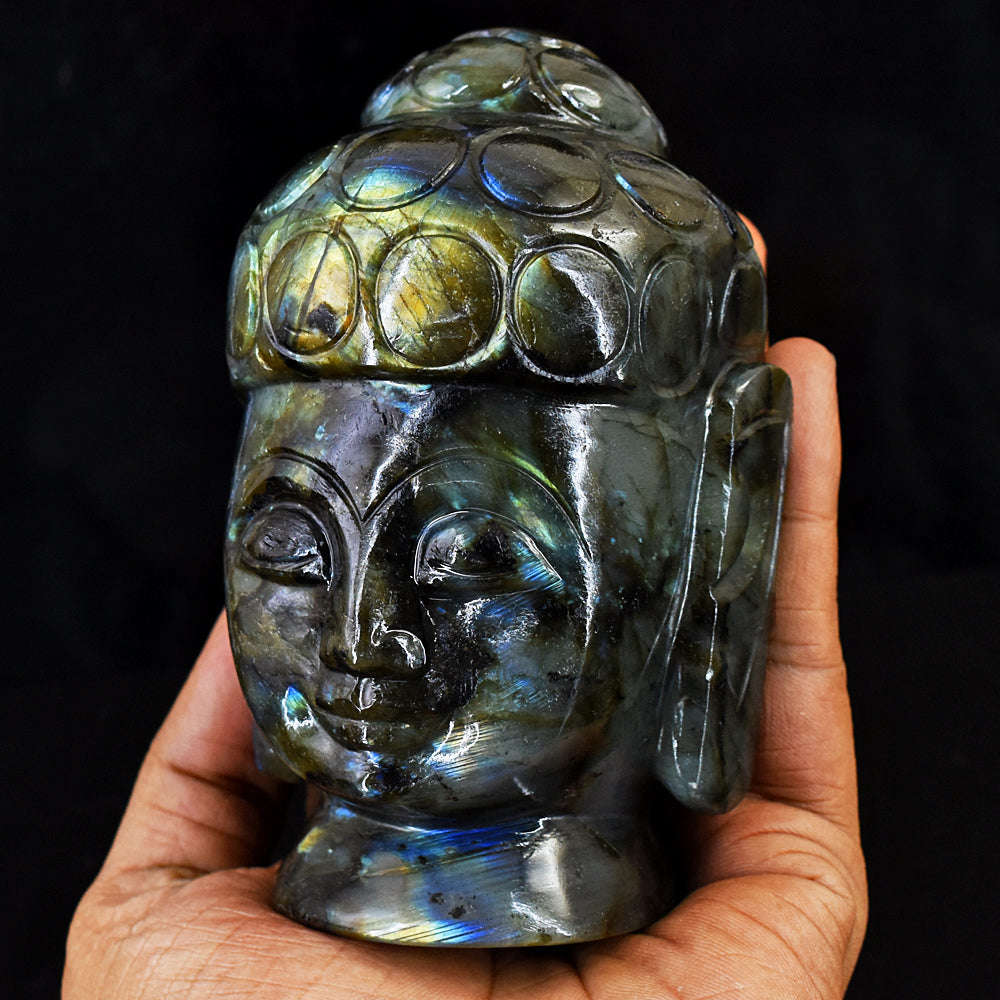 gemsmore:Amazing Flash Labradorite Hand Carved Genuine Crystal Gemstone Carving  Buddha Head