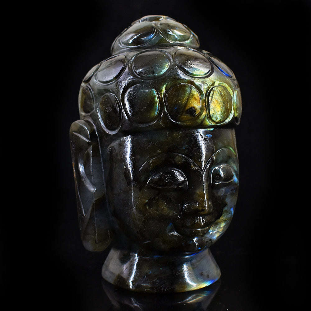 gemsmore:Amazing Flash Labradorite Hand Carved Genuine Crystal Gemstone Carving  Buddha Head