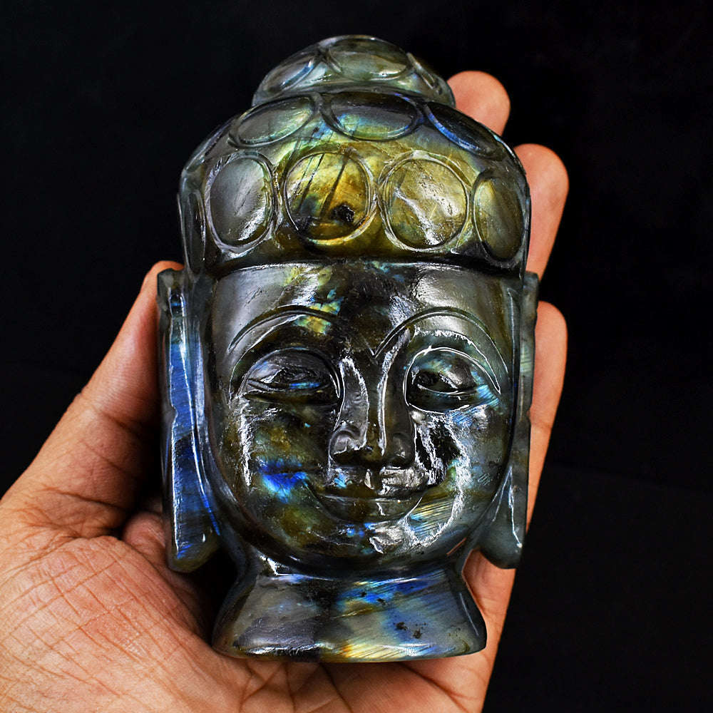 gemsmore:Amazing Flash Labradorite Hand Carved Genuine Crystal Gemstone Carving  Buddha Head