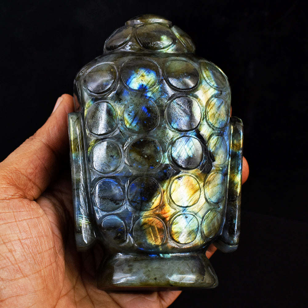 gemsmore:Amazing Flash Labradorite Hand Carved Genuine Crystal Gemstone Carving  Buddha Head