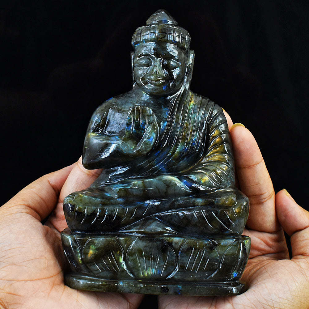 gemsmore:Amazing Flash Labradorite Hand Carved Lord Buddha