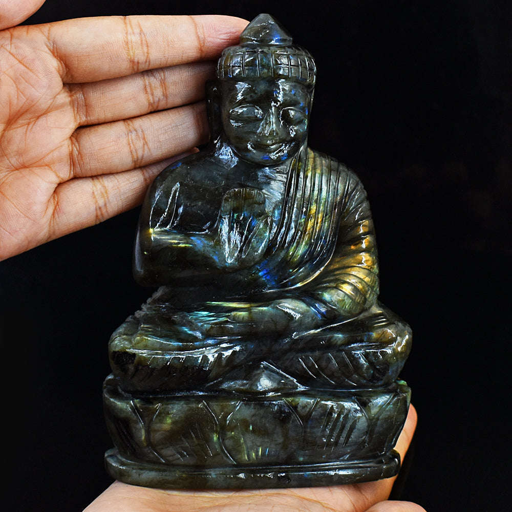 gemsmore:Amazing Flash Labradorite Hand Carved Lord Buddha