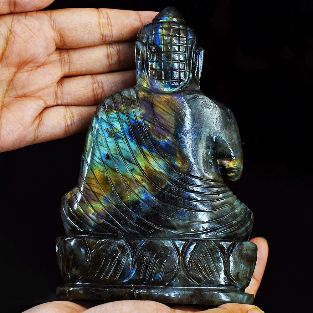 gemsmore:Amazing Flash Labradorite Hand Carved Lord Buddha