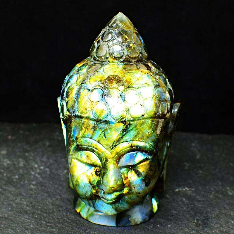 gemsmore:Amazing Flash Labradorite Hand Carved Lord Buddha Head