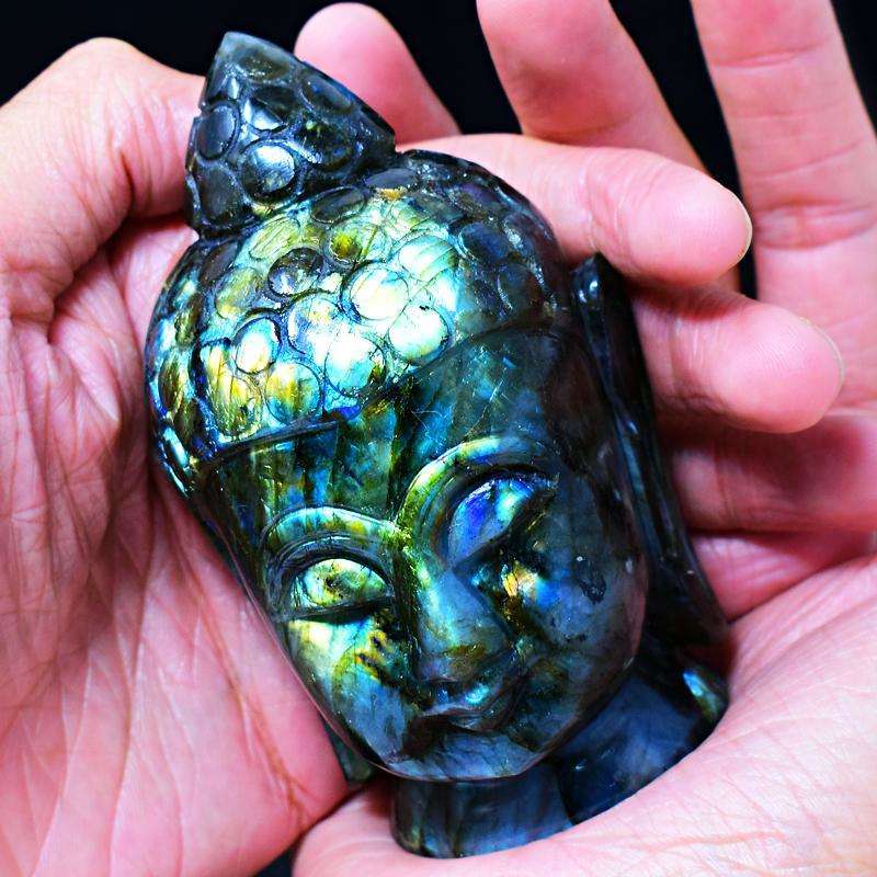 gemsmore:Amazing Flash Labradorite Hand Carved Lord Buddha Head