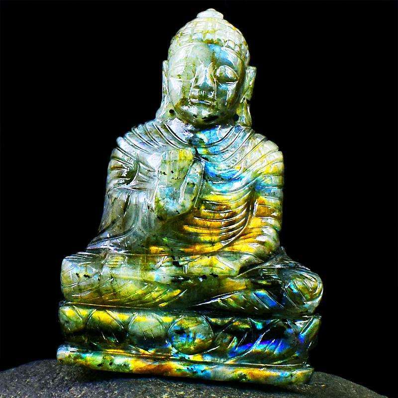 gemsmore:Amazing Flash Labradorite Hand Carved Lord Buddha