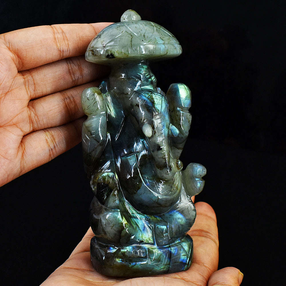 gemsmore:Amazing Flash Labradorite Hand Carved Lord Ganesha