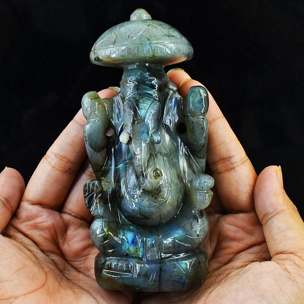 gemsmore:Amazing Flash Labradorite Hand Carved Lord Ganesha