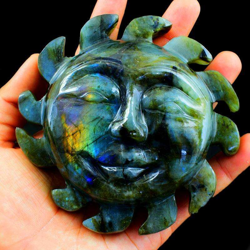 gemsmore:Amazing Flash Labradorite Hand Carved Sun Face Gemstone