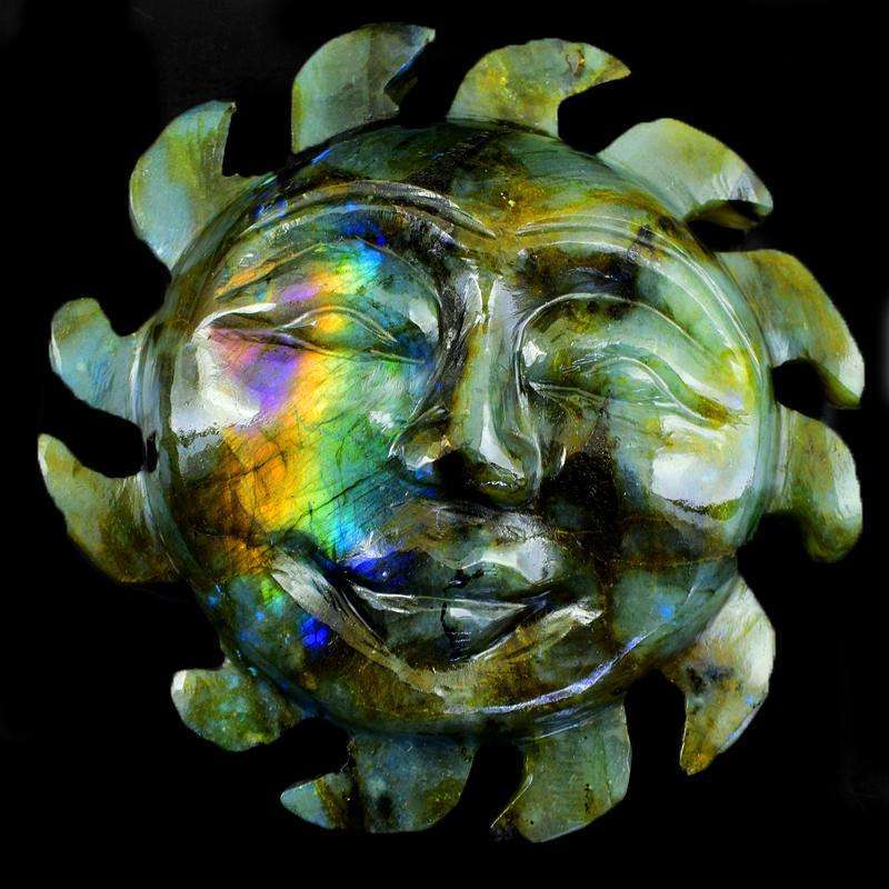 gemsmore:Amazing Flash Labradorite Hand Carved Sun Face Gemstone