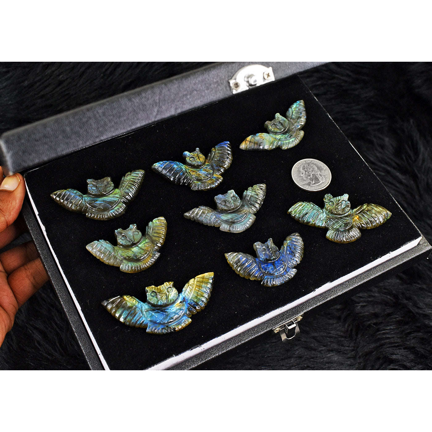 gemsmore:Amazing Flash Labradorite Untreated Carved Skull Wing Gemstone Cabochon Lot